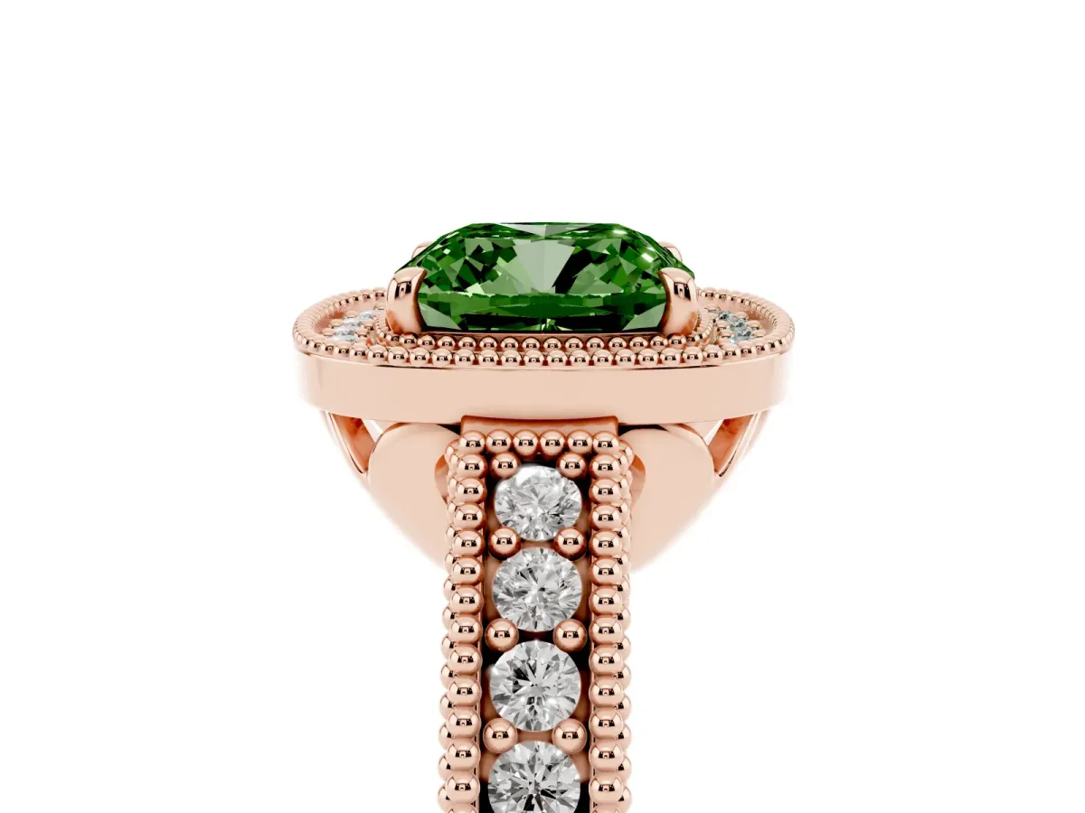 Fancy Green Cushion Cut Cut Halo Diamond Ring with Pavé Band and Four-Prong Setting Rose gold