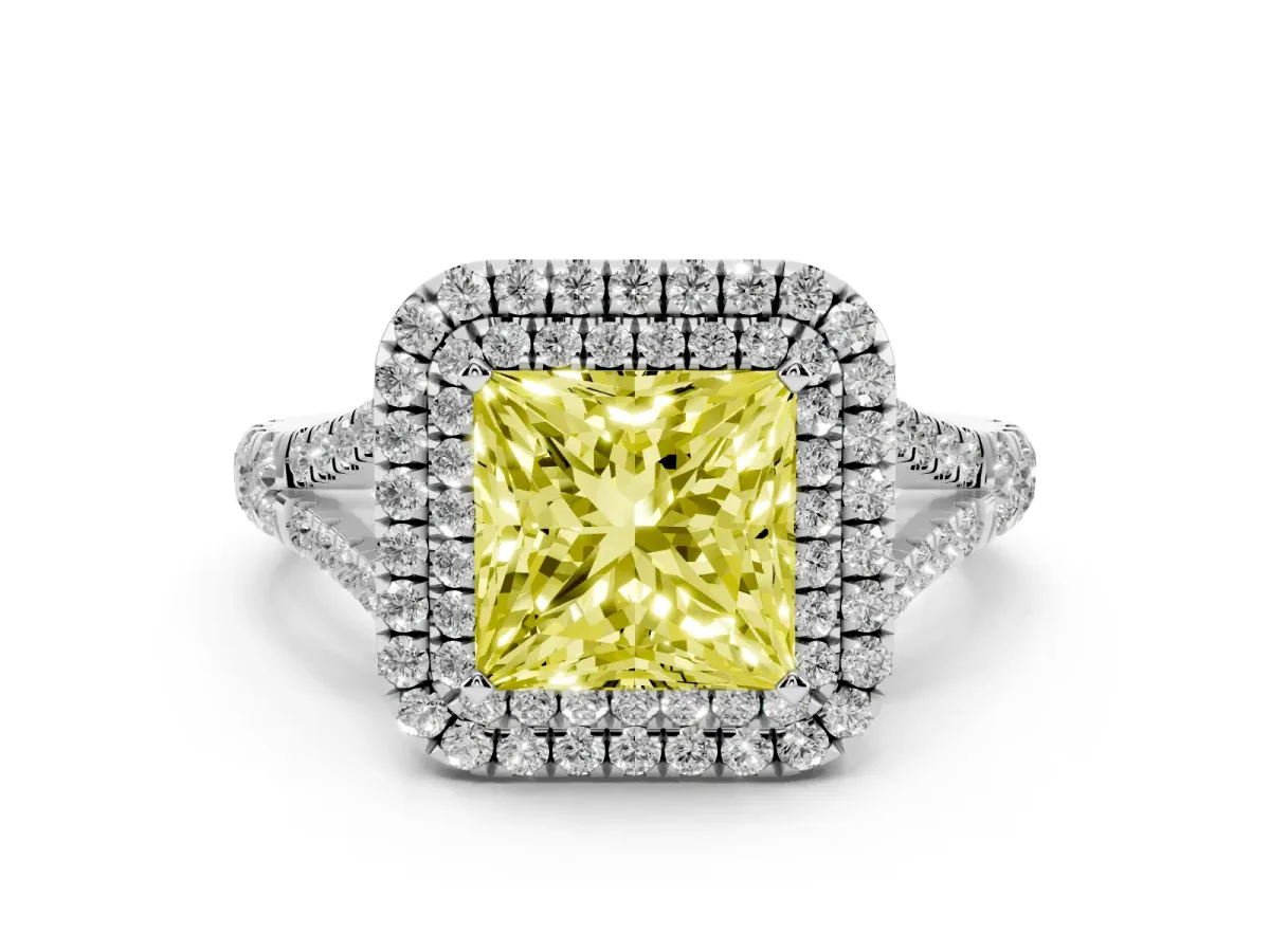 Fancy Yellow Princess Cut Diamond Pavé Split Shank Double Halo Engagement Ring Silver
