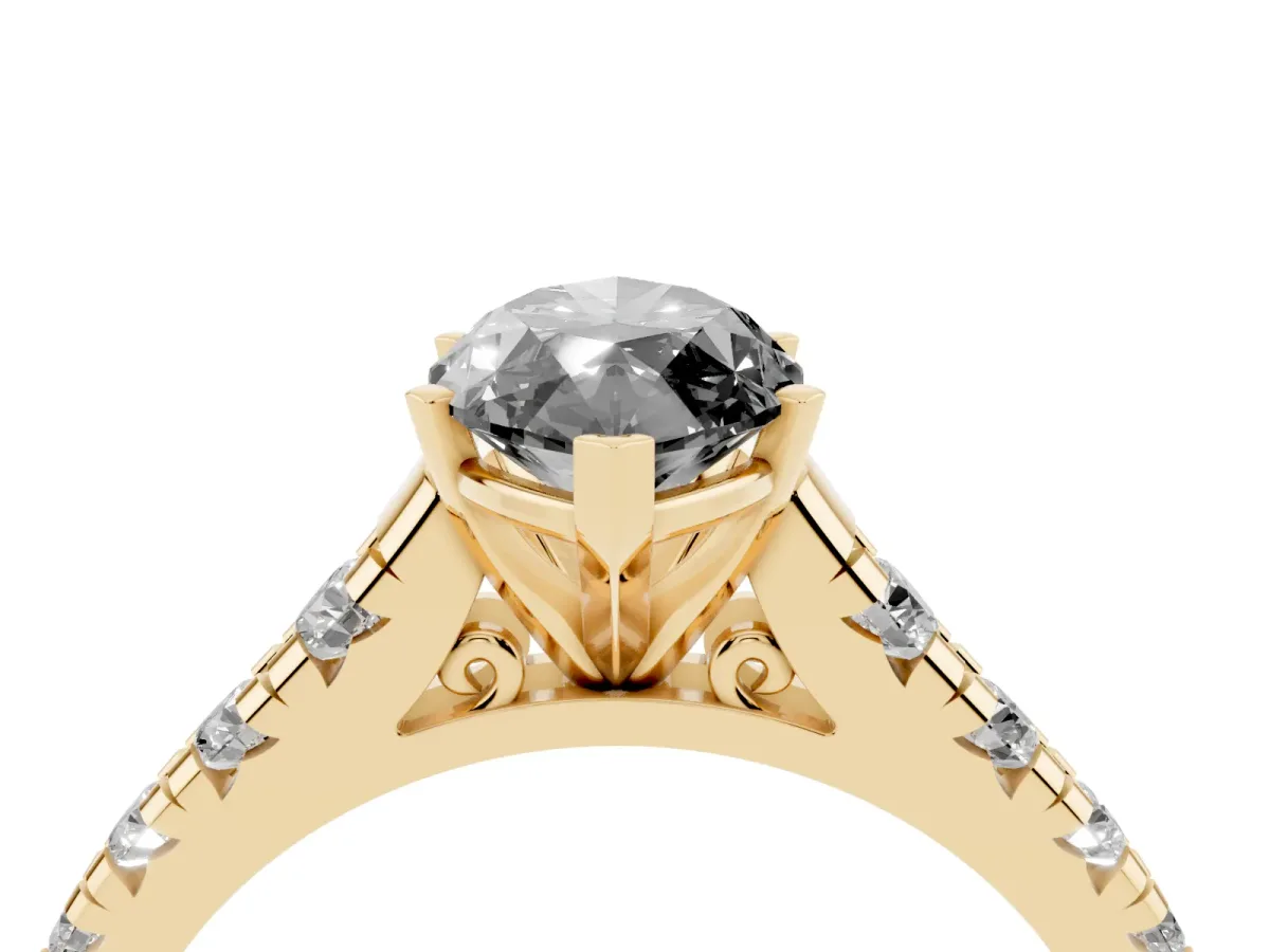 Fancy Black Marquise Cut Diamond Cathedral Solitaire Ring with Round Pavé Band Yellow gold