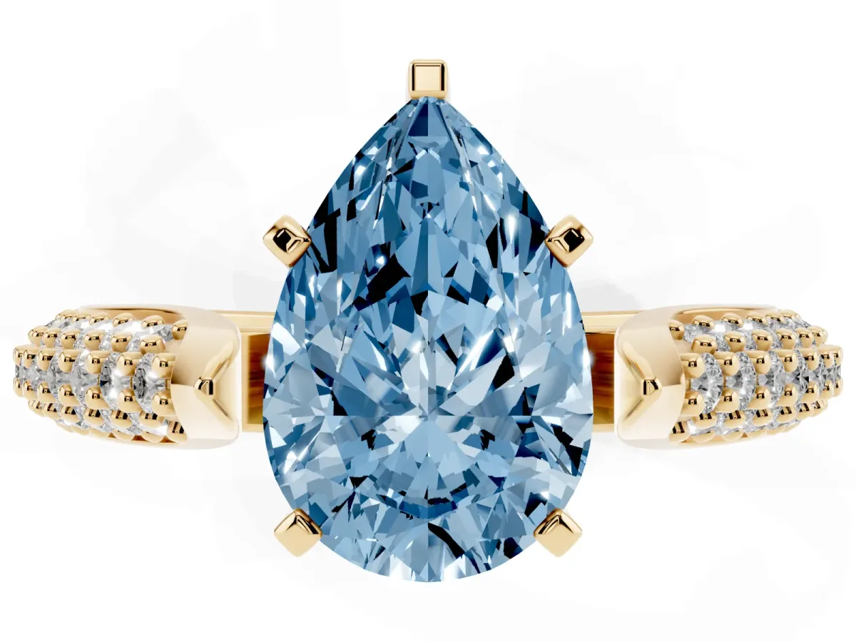 Fancy Blue Pear Cut Diamond Solitaire Engagement Ring with Multi-Row Round Pavé Band and Prong Setting Yellow gold