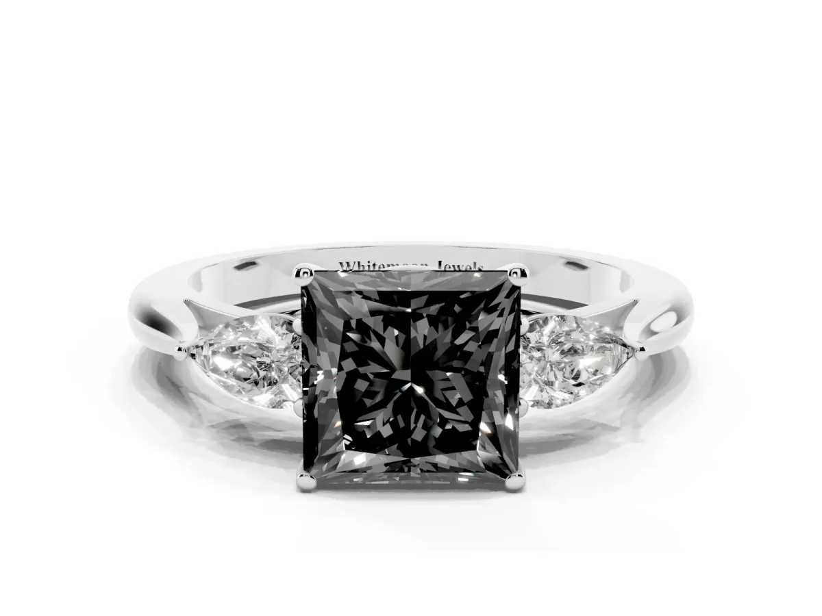 Fancy Black Three-Stone Princess Cut Brilliant Diamond Solitaire Ring with Tapered Band and Four-Prong Setting Silver