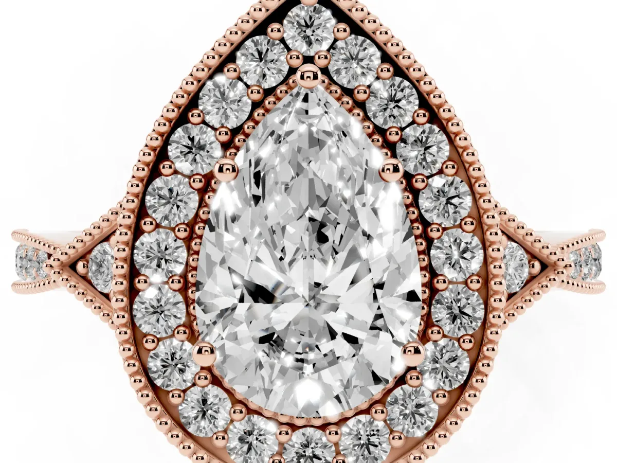Pear Cut Halo Round Diamond Milgrain Pave Engagement Ring Rose gold
