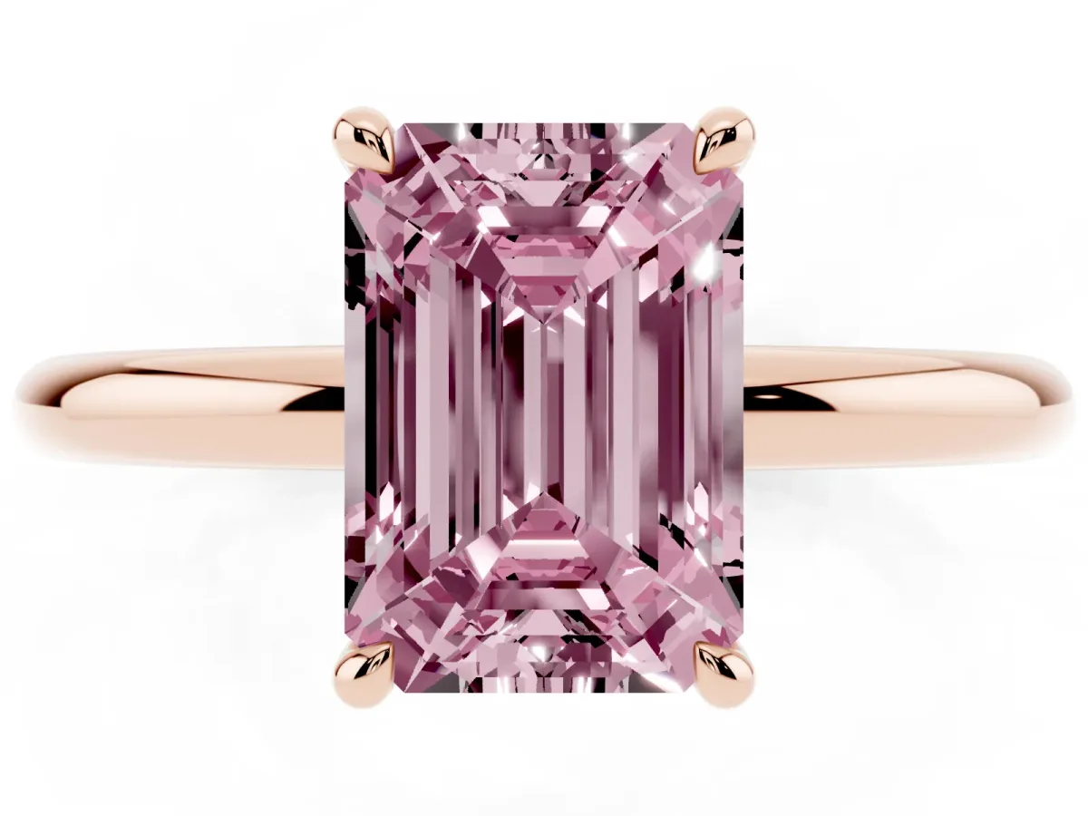 Fancy Pink Emerald Cut Diamond Solitaire Ring with Thin Band and Four-Prong Setting Rose gold