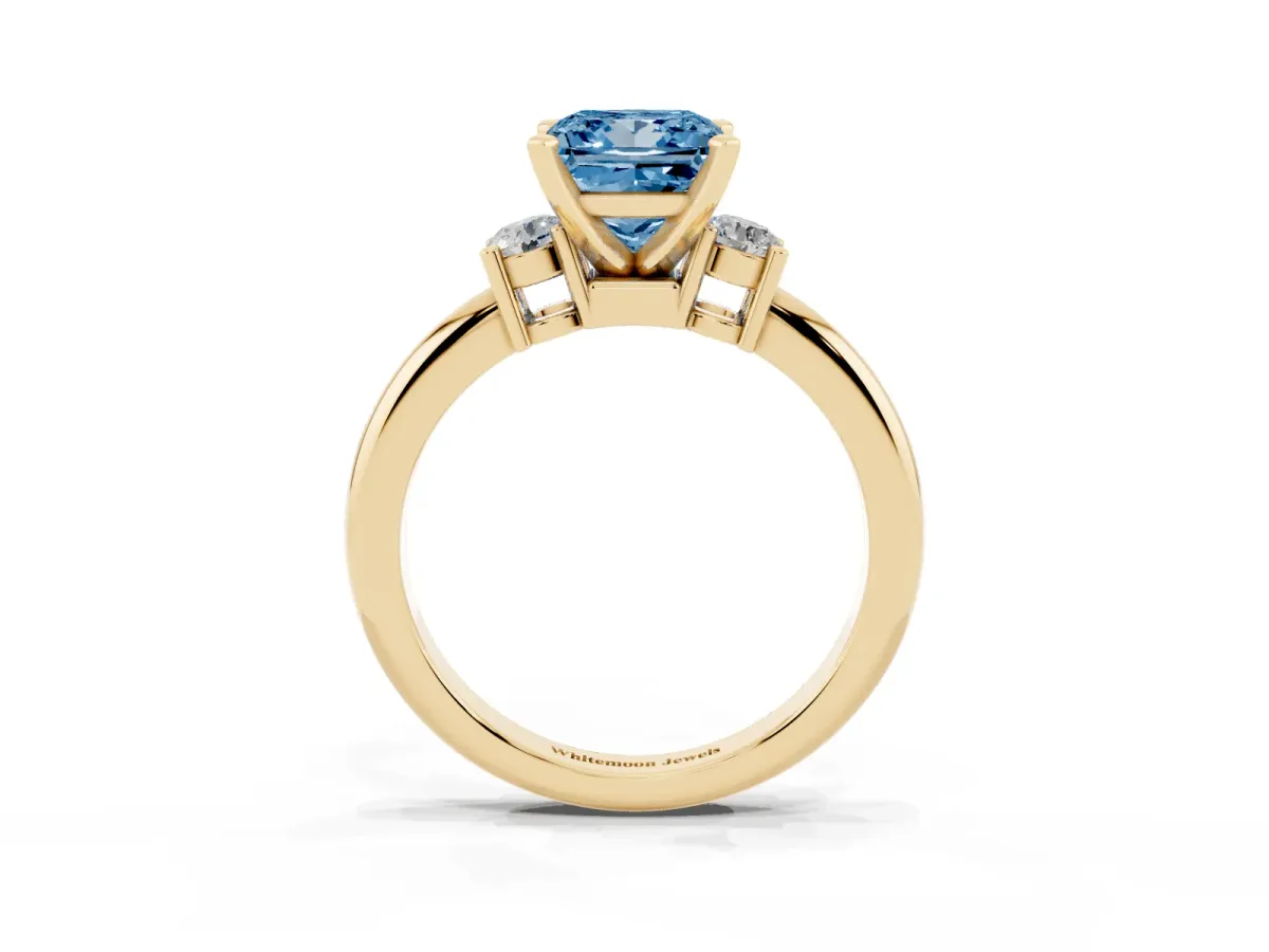 Fancy Blue Three-Stone Princess Cut Cut Diamond Solitaire with Prong Setting and Classic Band Yellow gold