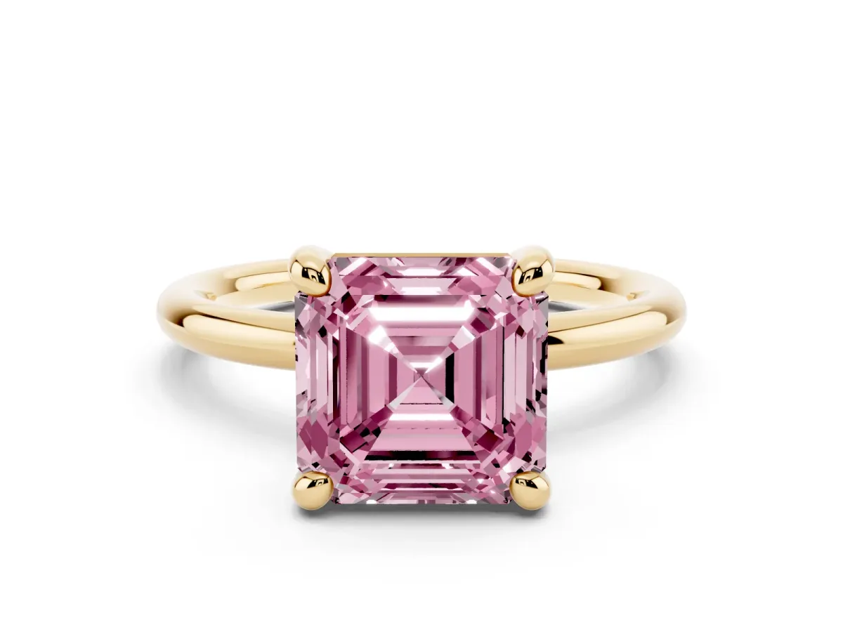 Fancy Pink Asscher Cut Solitaire Diamond Ring with Four-Prong Setting on a Plain Band Yellow gold