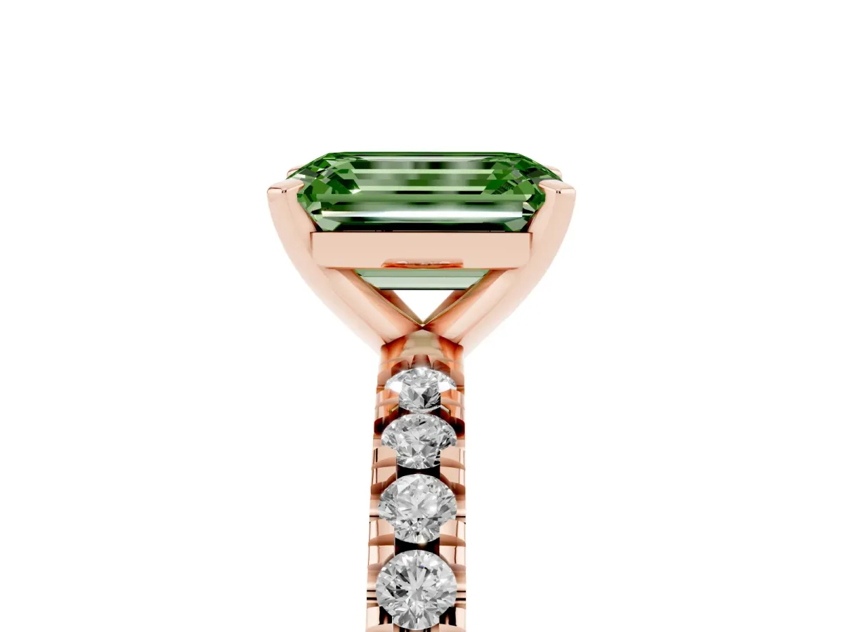 Fancy Green Emerald Cut Diamond Pavé Band Solitaire with Four-Prong Setting Rose gold