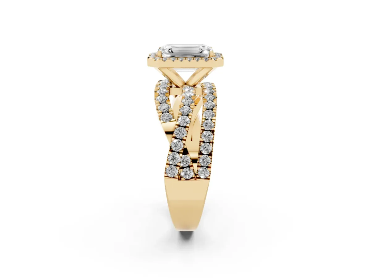 Emerald Cut Diamond Halo Ring with Round Split Shank and Prong Setting Yellow gold
