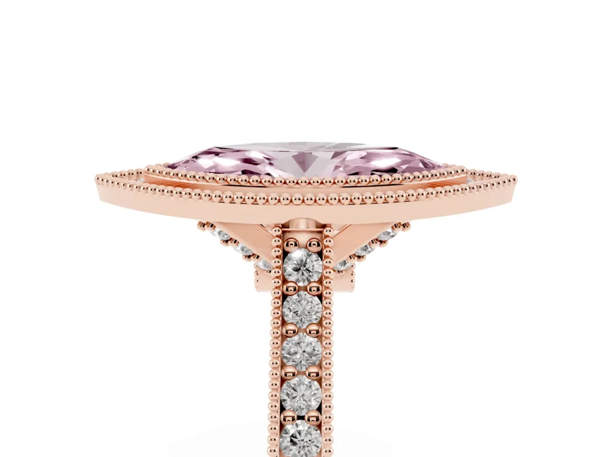 Fancy Pink Halo Marquise Cut-Cut Diamond Pave Band Milgrain Prong Setting Ring Rose gold