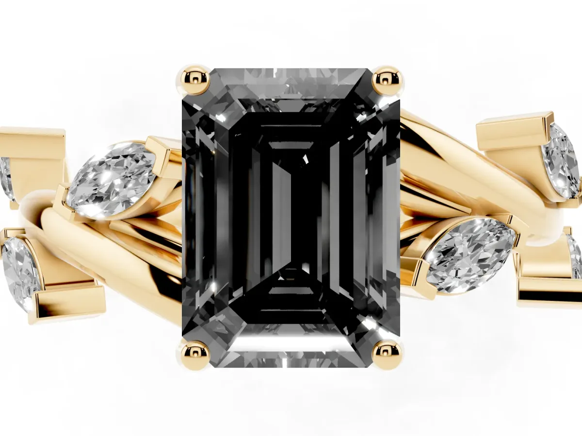 Fancy Black Emerald Cut Solitaire Twisted Band Marquise Accent Prong Setting Ring Yellow gold