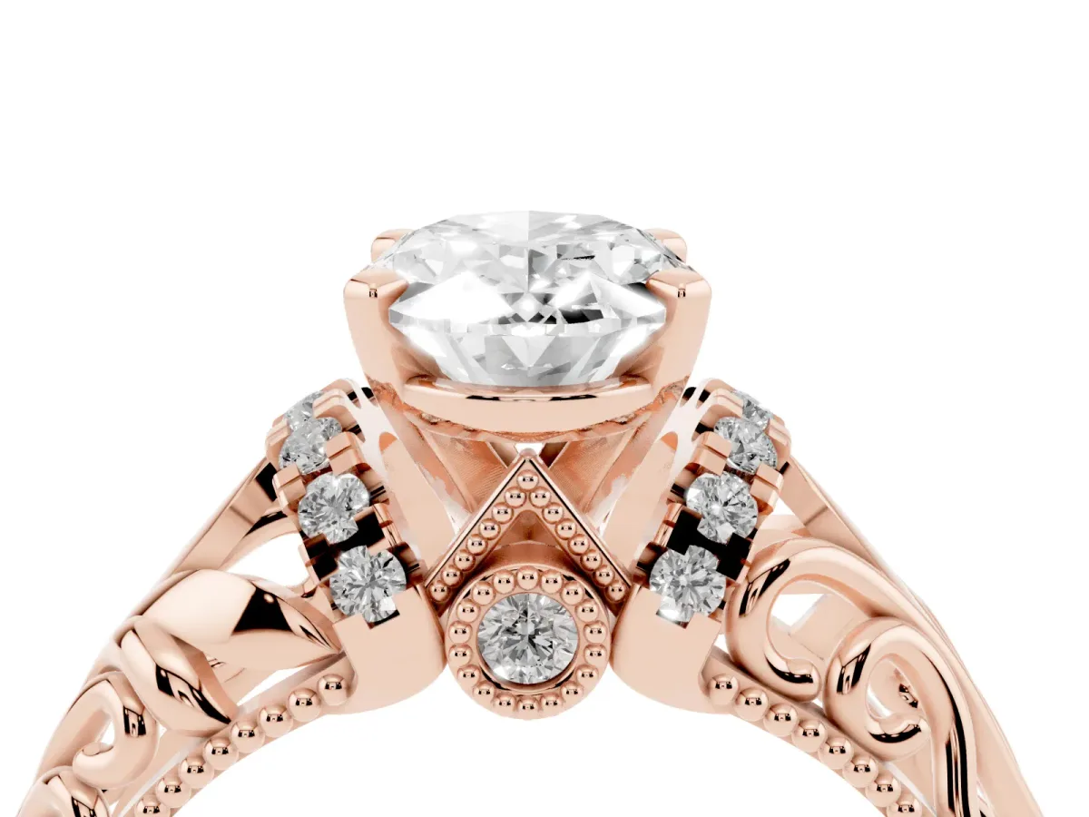 Oval Cut Solitaire Filigree Engagement Ring with Halo and Prong Setting Rose gold
