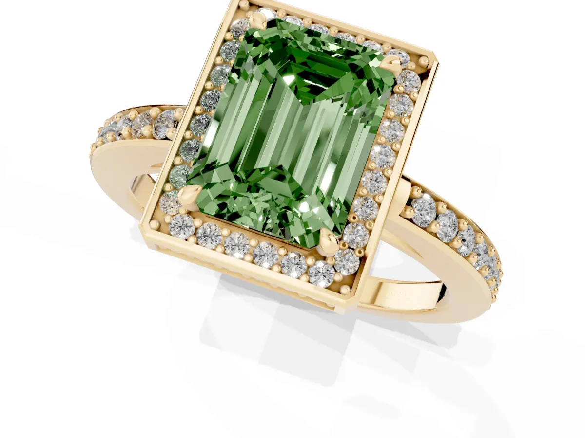 Fancy Green Emerald Cut Halo Pave Band Solitaire Ring with Prong Setting Yellow gold