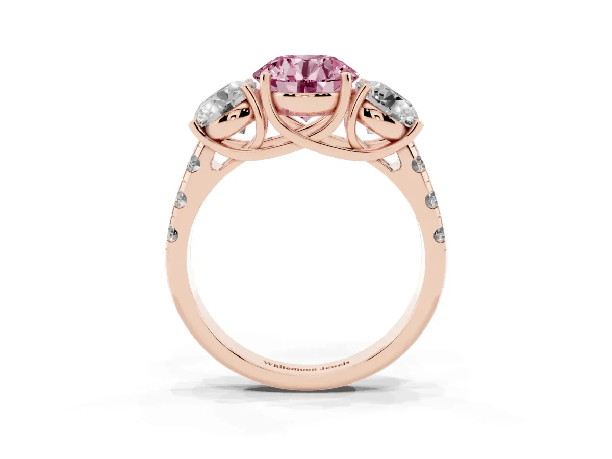 Fancy Pink Three-Stone Round Cut Diamond Pavé Band with Prong Setting Rose gold