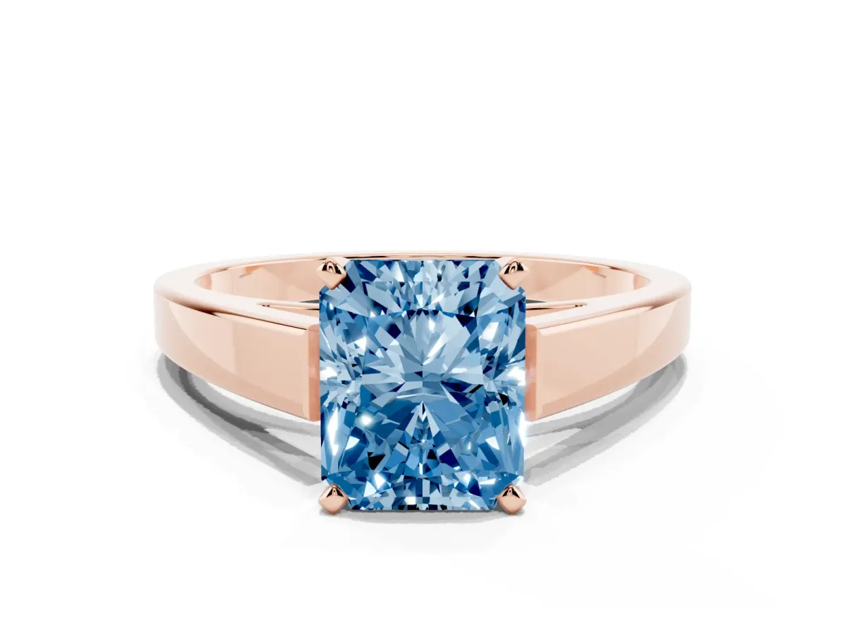 Fancy Blue Radiant Cut Solitaire Engagement Ring with Four-Prong Setting and Tapered Band Rose gold