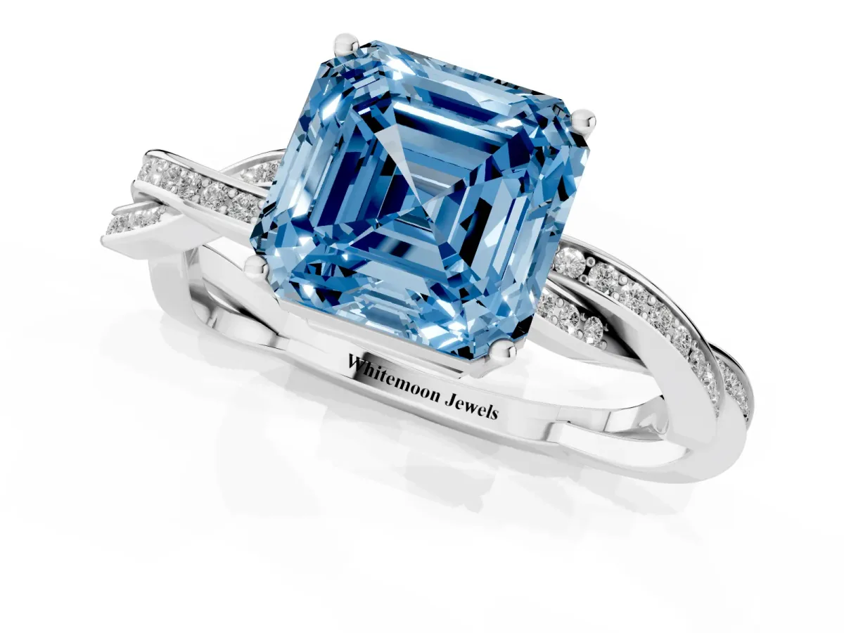 Fancy Blue Asscher Cut Solitaire Twisted Pave Diamond Ring with Four-Prong Setting Silver