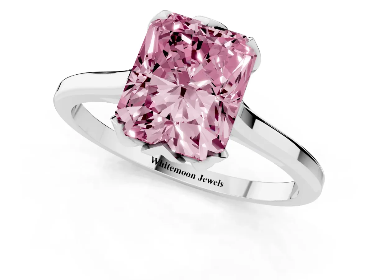 Fancy Pink Radiant Cut Diamond Solitaire Ring with Flower Prong Setting and Classic Band Platinum