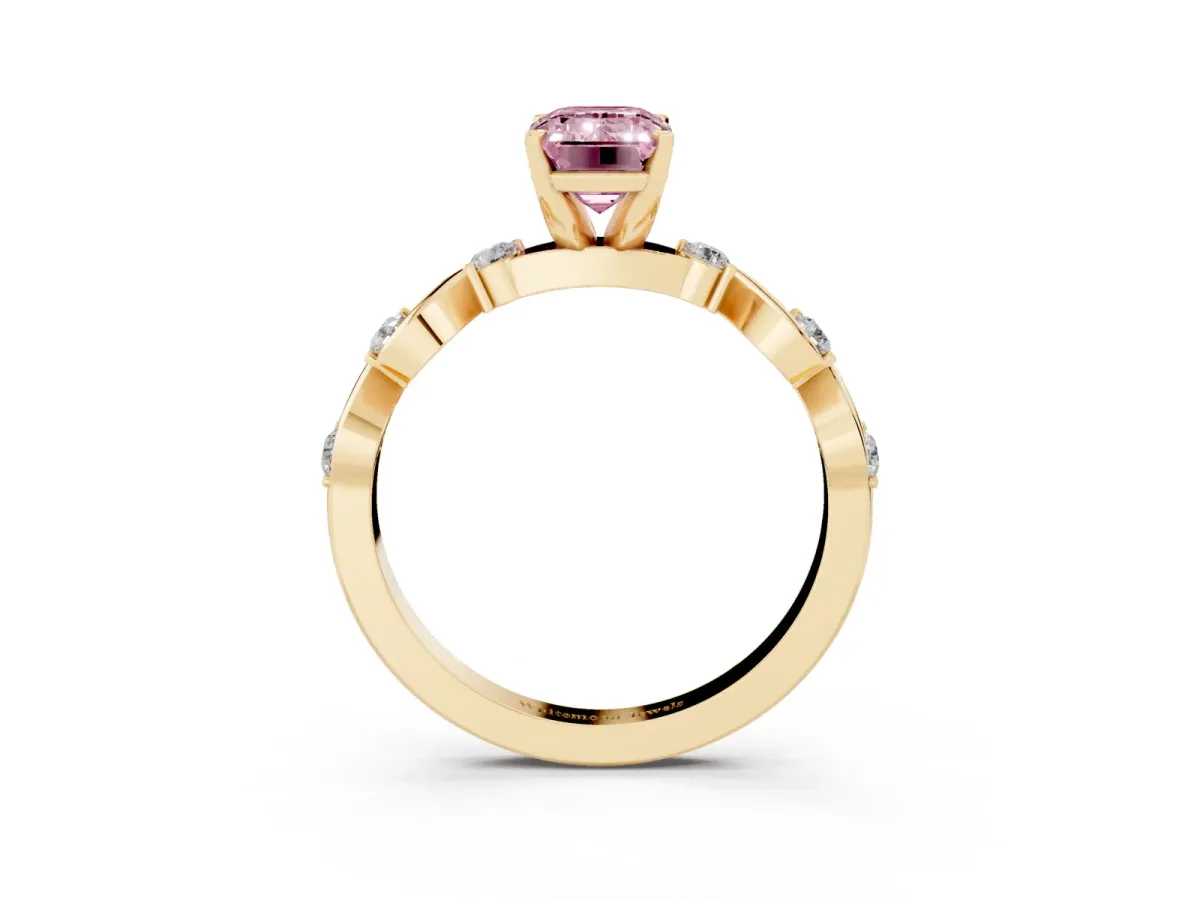 Fancy Pink Emerald Cut Diamond Solitaire Twisted Band with Round Accents and Prong Setting Yellow gold