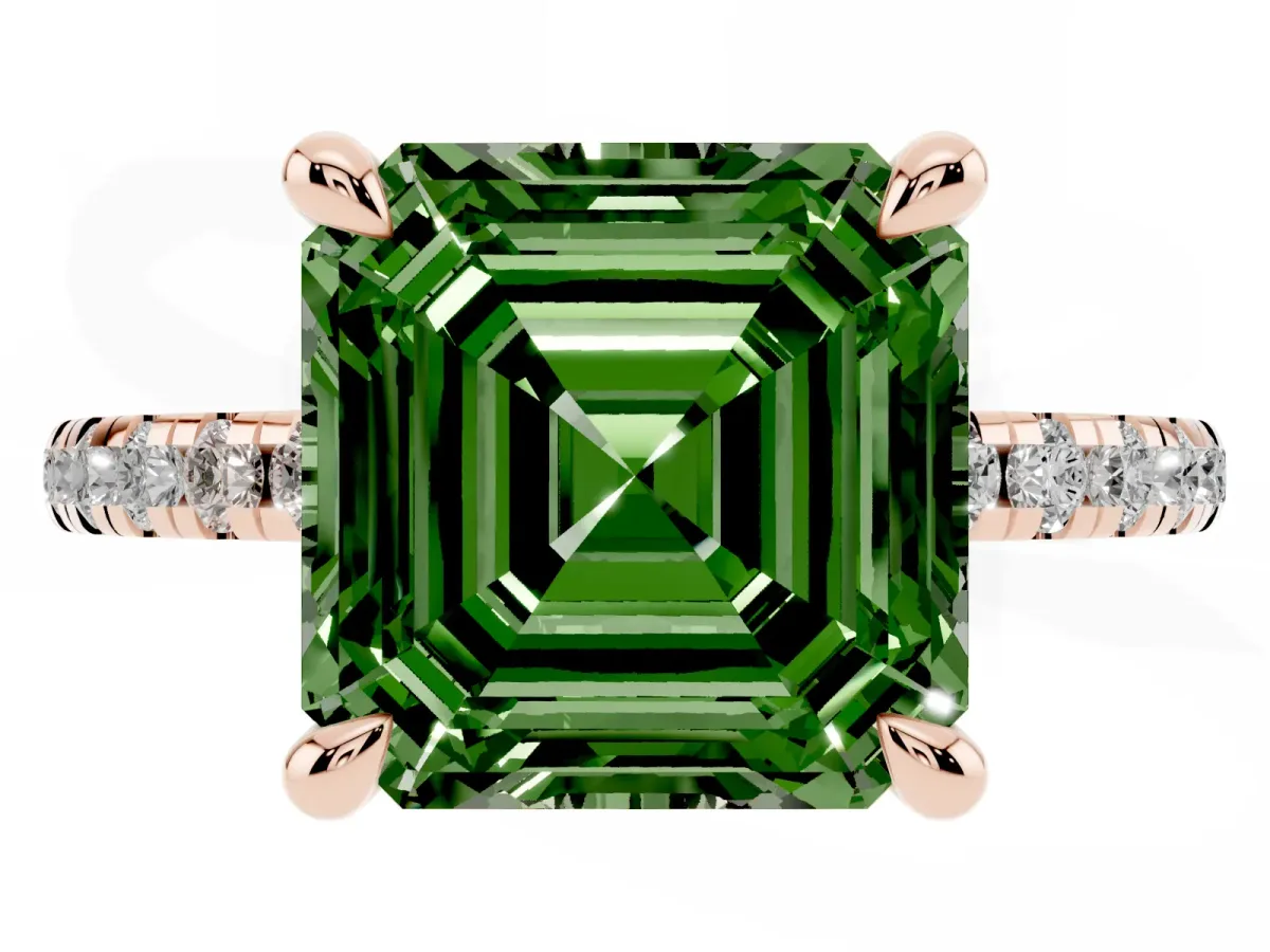 Fancy Green Asscher Cut Diamond Brilliant Solitaire Ring with Pavé Band and Four-Prong Setting Rose gold