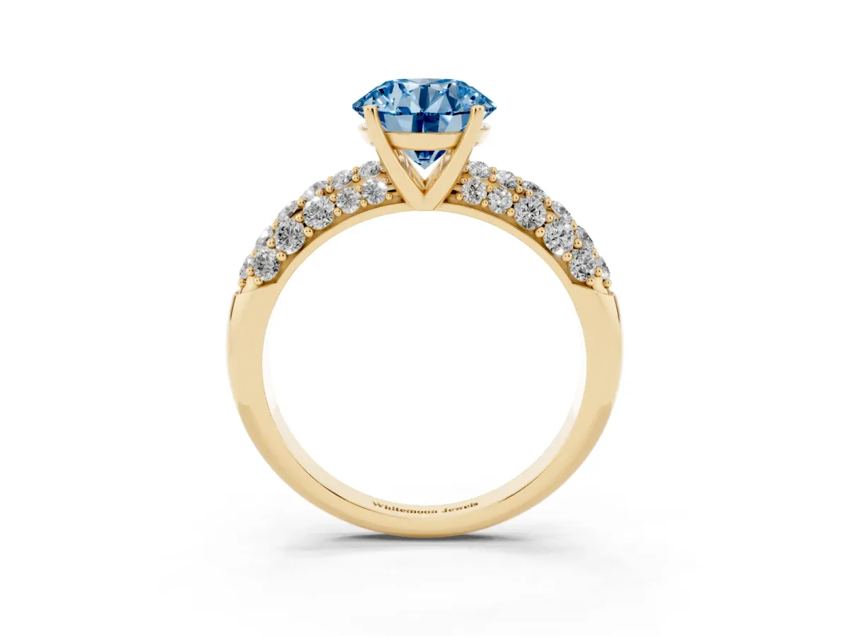 Fancy Blue Round Cut Diamond Pavé Band Solitaire Ring with Four-Prong Setting Yellow gold