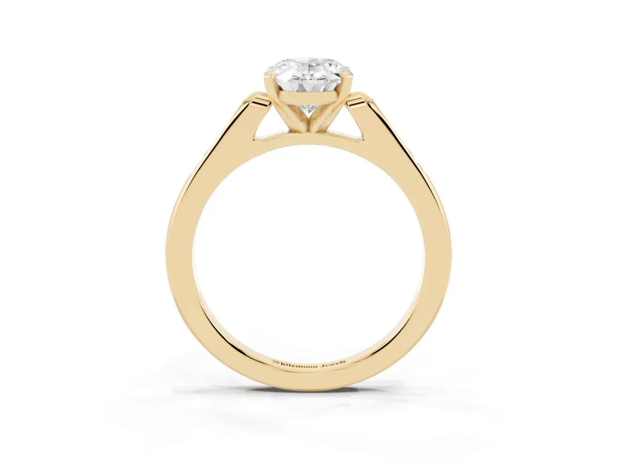 Oval Cut Diamond Solitaire Ring with Channel Set Round Band and Prong Setting Yellow gold