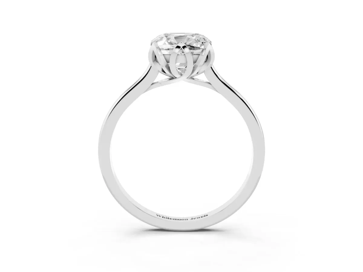 Cushion Cut Diamond Solitaire Ring with Flower Prong Setting and Classic Band Silver