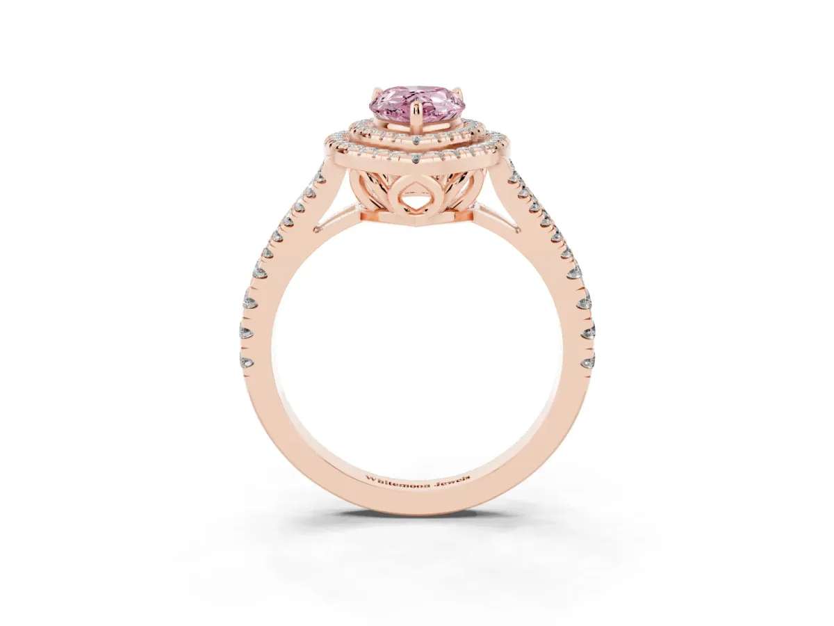 Fancy Pink Pear Cut Diamond Double Halo Ring with Pavé Band and Prong Setting Rose gold