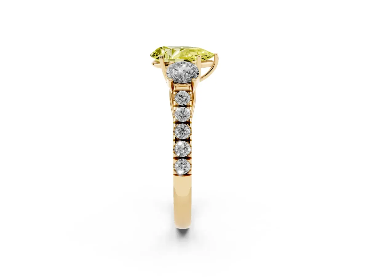 Fancy Yellow Pear Cut Cut Diamond Three-Stone Ring with Round Side Stones and Pavé Band Yellow gold