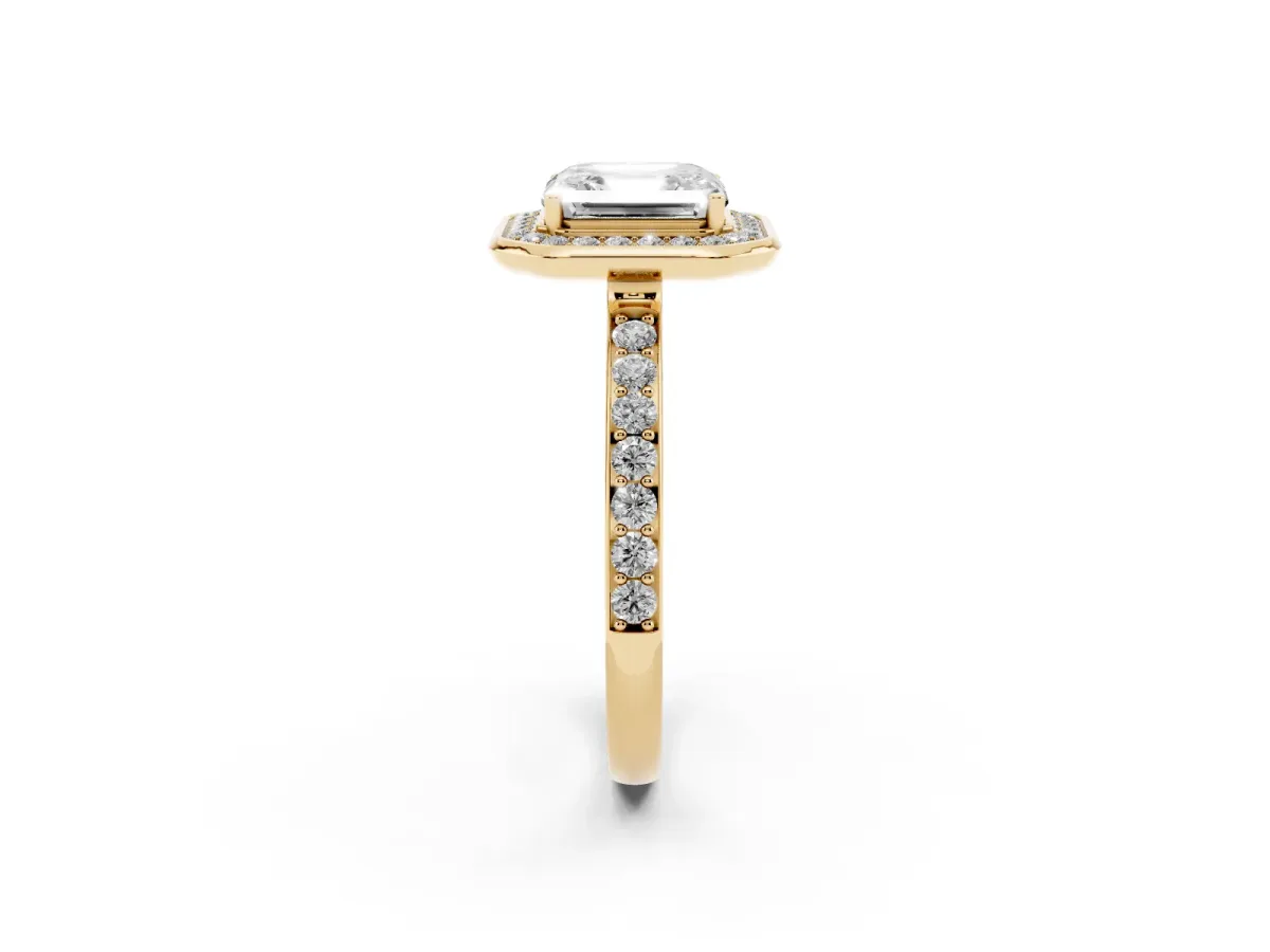 Asscher Cut Diamond Halo Ring with Bezel Frame and Pavé Band Yellow gold