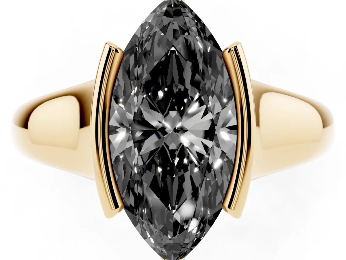Fancy Black Marquise Cut Solitaire Tension Set Diamond Ring with Split Shank Band Yellow gold