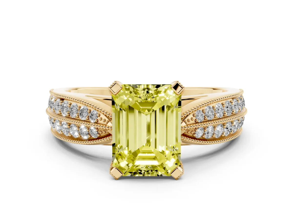 Fancy Yellow Emerald Cut Diamond Solitaire Ring with Milgrain Round Pavé Band and Prong Setting Yellow gold