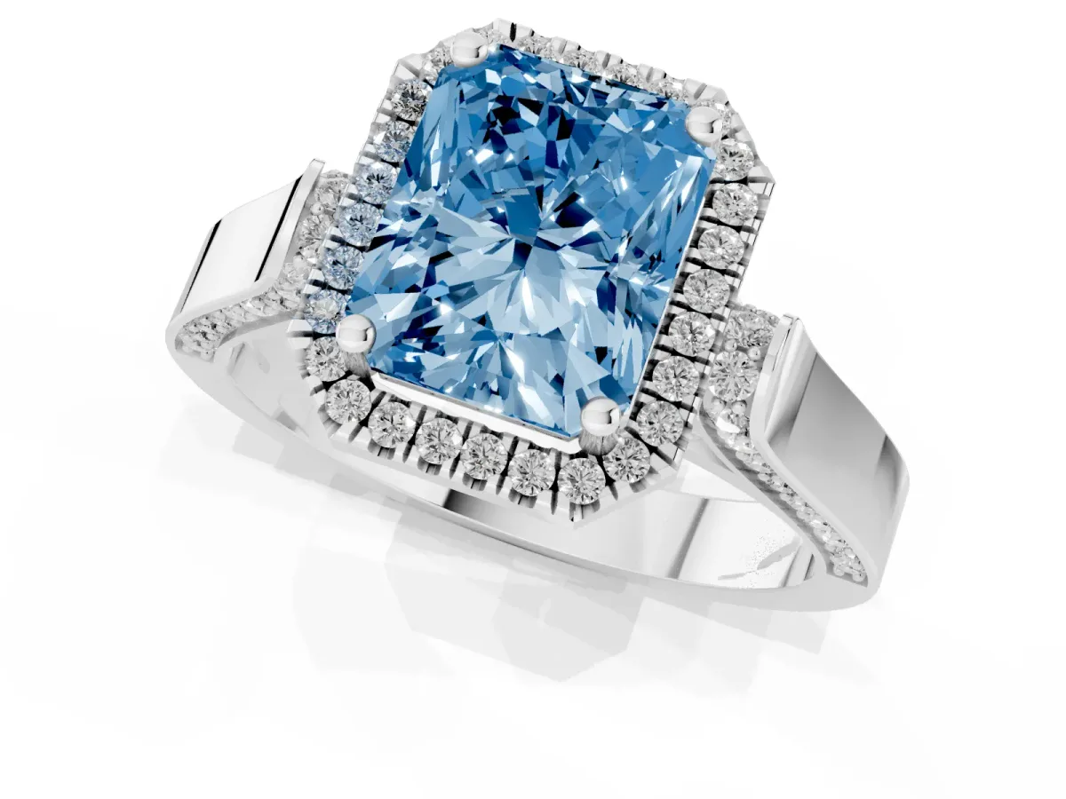 Fancy Blue Radiant Cut Halo Pave Split Shank Prong Setting Ring Silver