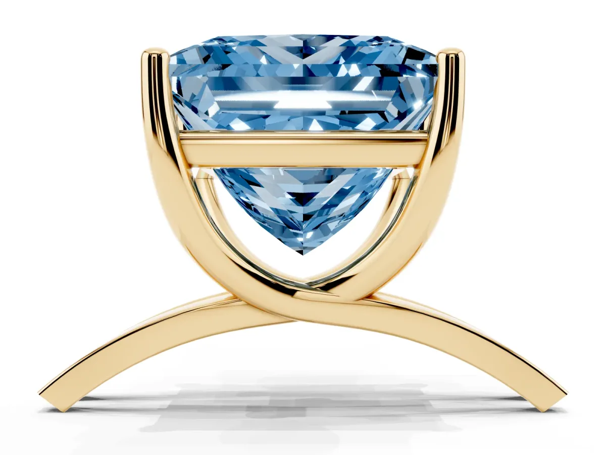 Fancy Blue Princess Cut Cut Diamond Solitaire Engagement Ring with Tapered Plain Band and Four-Prong Setting Yellow gold