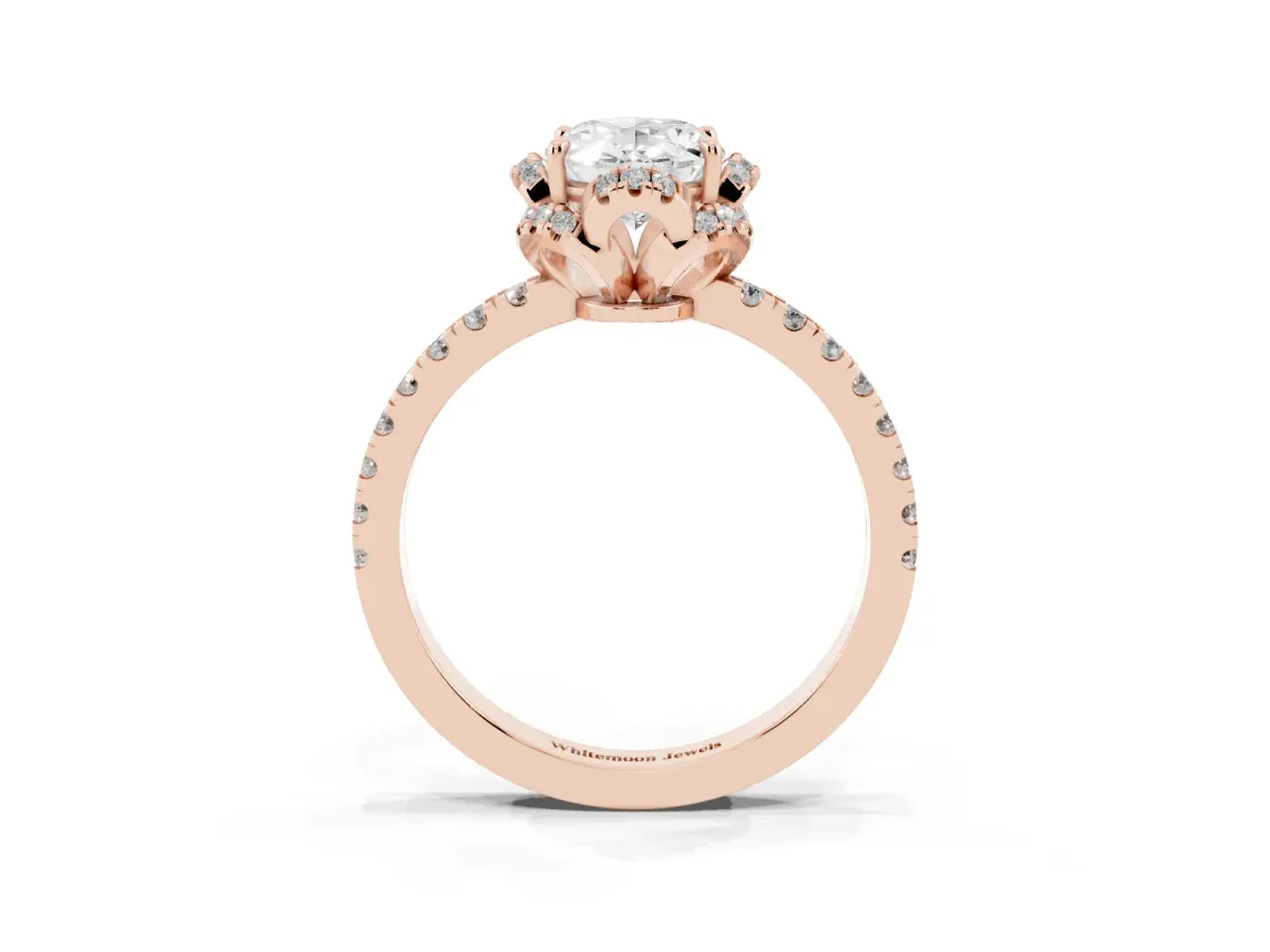 Oval Cut Halo Diamond Pave Band Ring with Four-Prong Setting Rose gold