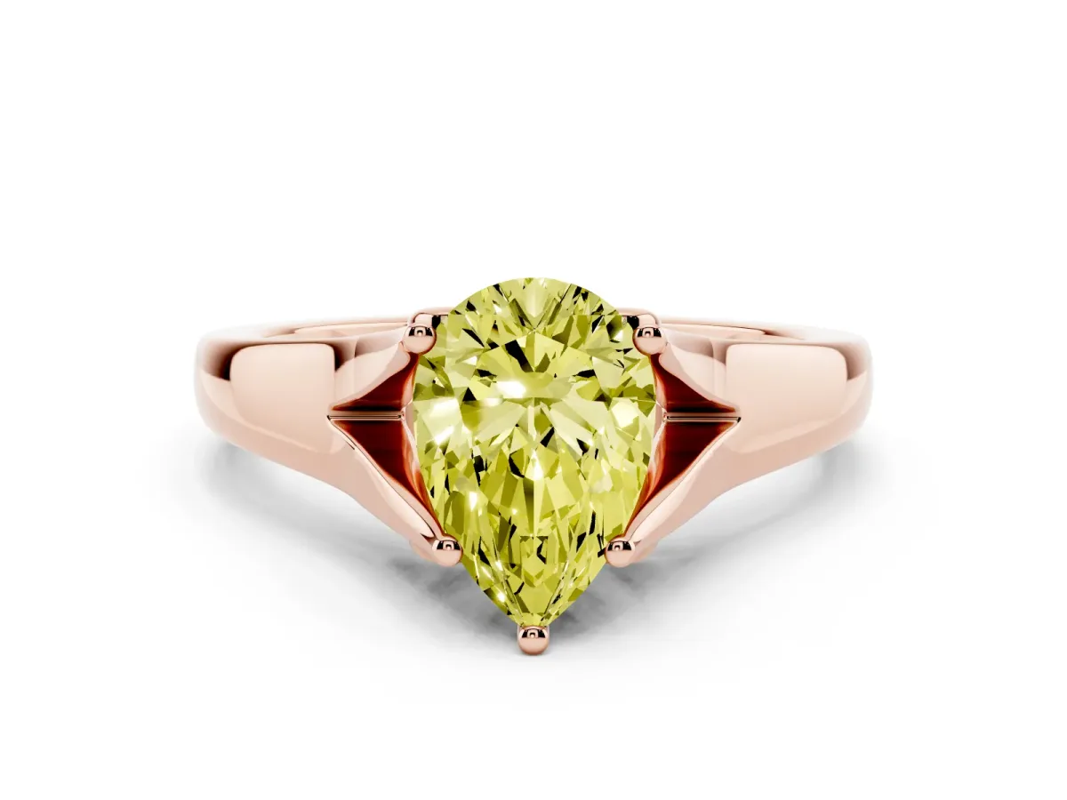Fancy Yellow Pear Cut Solitaire Diamond Ring with Cathedral Band and Four-Prong Setting Rose gold