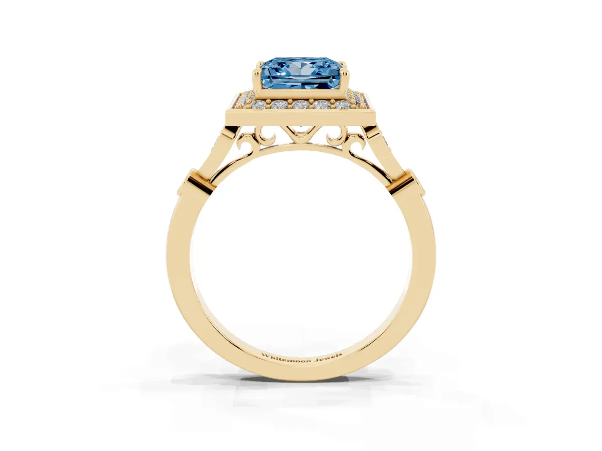 Fancy Blue Princess Cut Halo Diamond Engagement Ring with Twisted Band and Four-Prong Setting Yellow gold