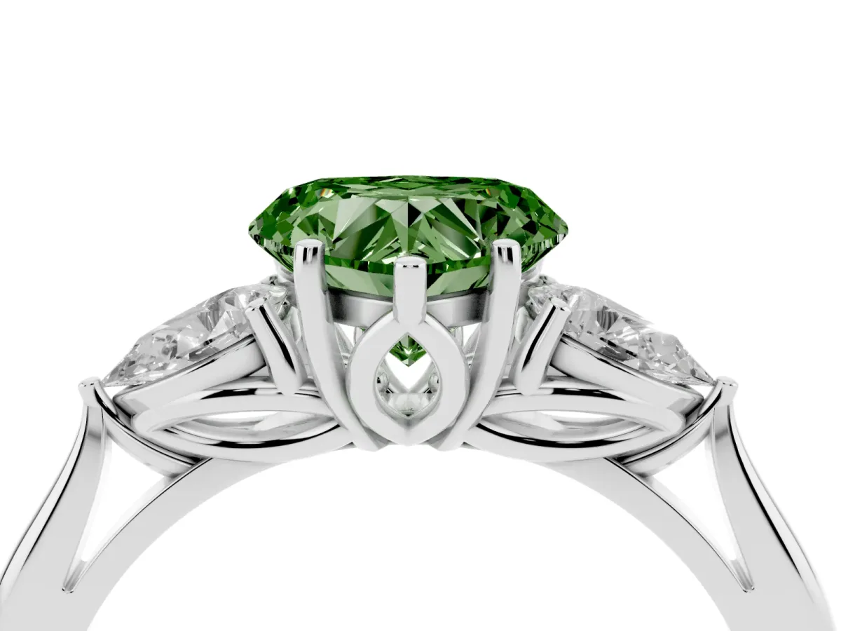 Fancy Green Heart Cut Diamond Three-Stone Ring with Pear Side Stones and Prong Setting Platinum
