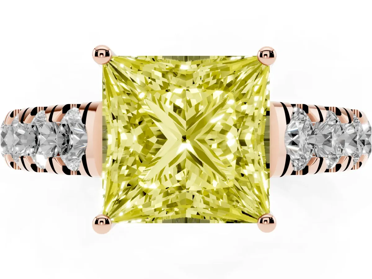 Fancy Yellow Princess Cut Cut Diamond Solitaire Ring with Micro Pave Band and Prong Setting Rose gold