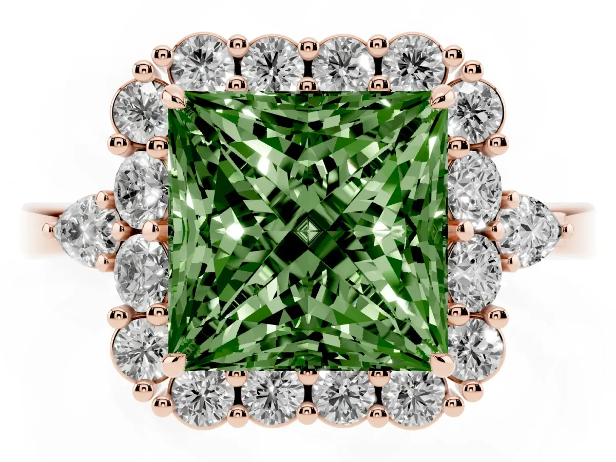 Fancy Green Princess Cut Diamond Halo Ring with Pear Side Stones and Prong Setting Rose gold