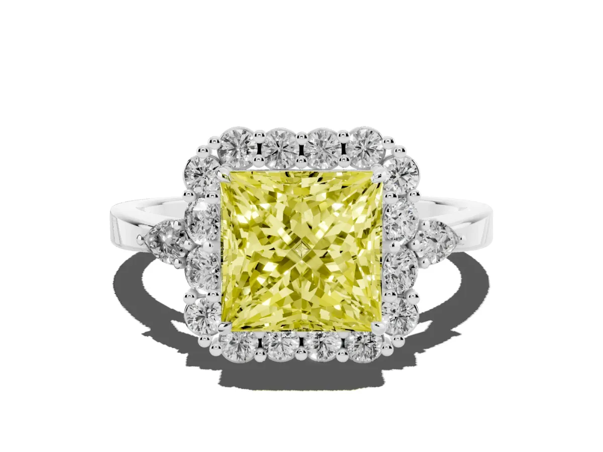 Fancy Yellow Princess Cut Diamond Halo Ring with Pear Side Stones and Prong Setting Silver