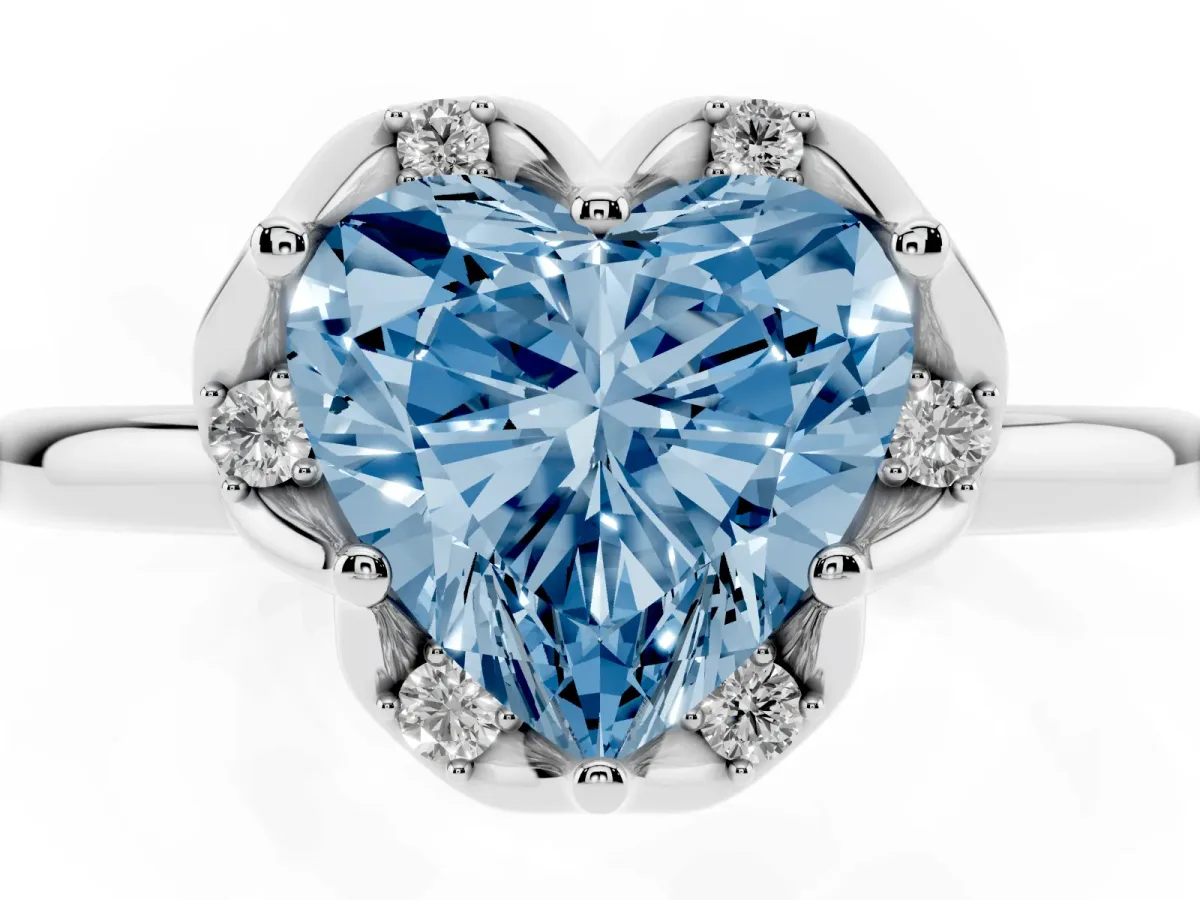 Fancy Blue Heart Cut Halo Diamond Ring with Round Cluster Setting, Solitaire Band, and Four-Prong Setting Platinum