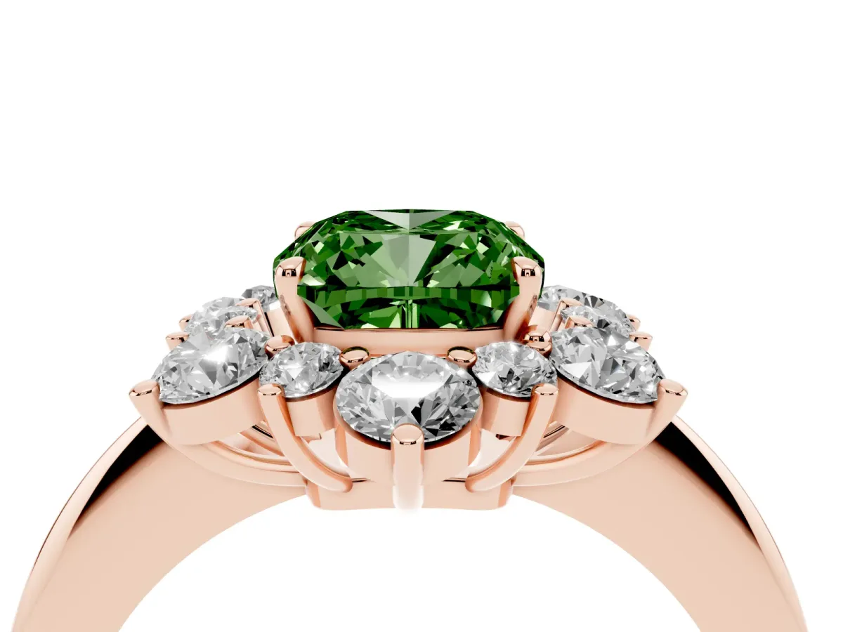 Fancy Green Cushion Cut Diamond Cluster Halo Ring with Solitaire Band and Four-Prong Setting Rose gold
