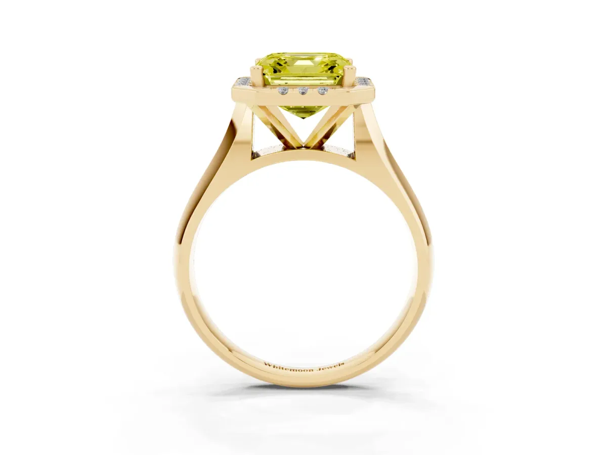 Fancy Yellow Asscher Cut Cut Halo Solitaire Engagement Ring with Square Band and Four-Prong Setting Yellow gold