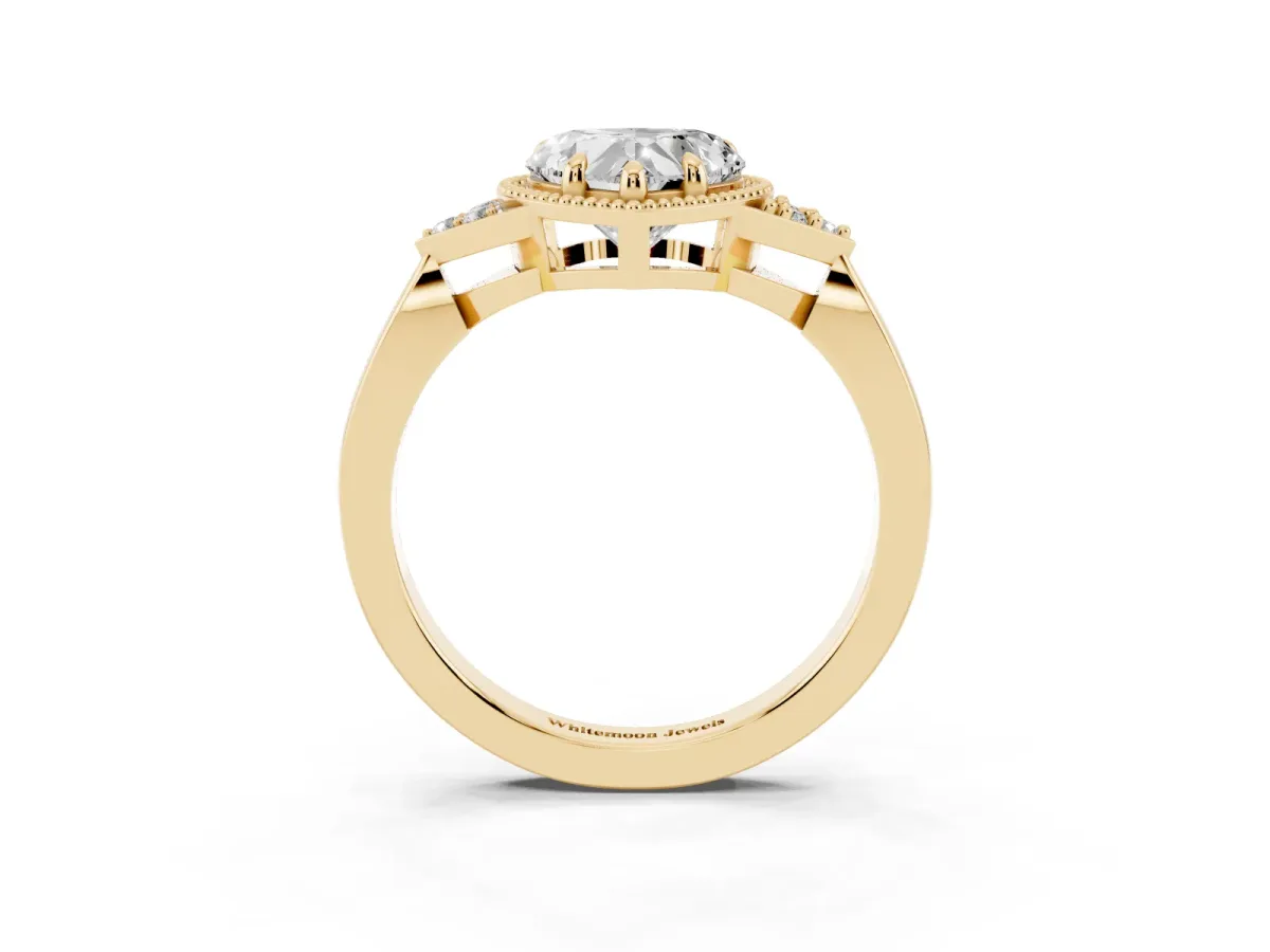 Milgrain Heart Cut Cut Diamond Ring with Tapered Pave Band and Four Prong Setting Yellow gold