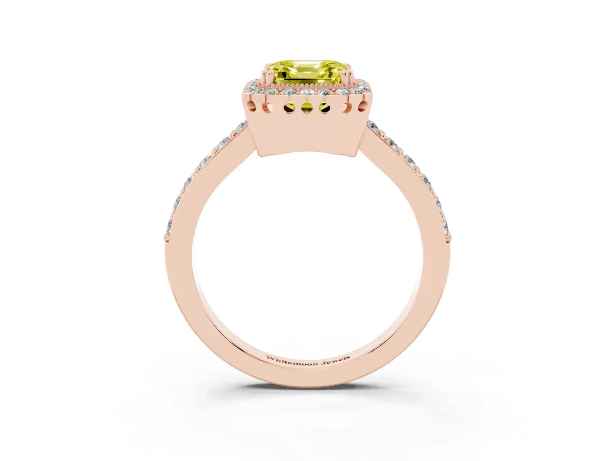 Fancy Yellow Asscher Cut Cut Diamond Halo Engagement Ring with Milgrain Detail and Pavé Band Rose gold
