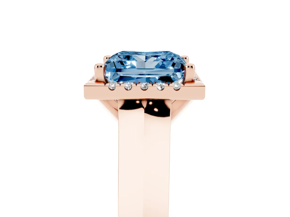 Fancy Blue Princess Cut Halo Diamond Ring with Cathedral Band and Four-Prong Setting Rose gold