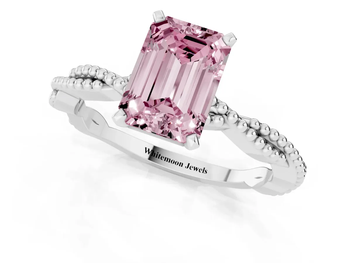 Fancy Pink Emerald Cut Solitaire Twisted Band with Bead Prong Setting Platinum