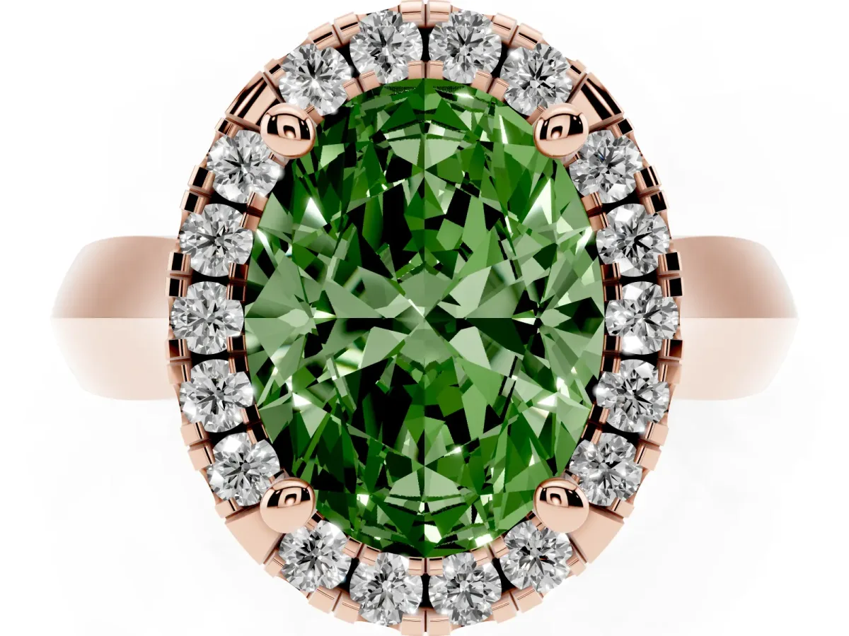 Fancy Green Oval Cut Cut Halo Solitaire Engagement Ring with Square Band and Four-Prong Setting Rose gold