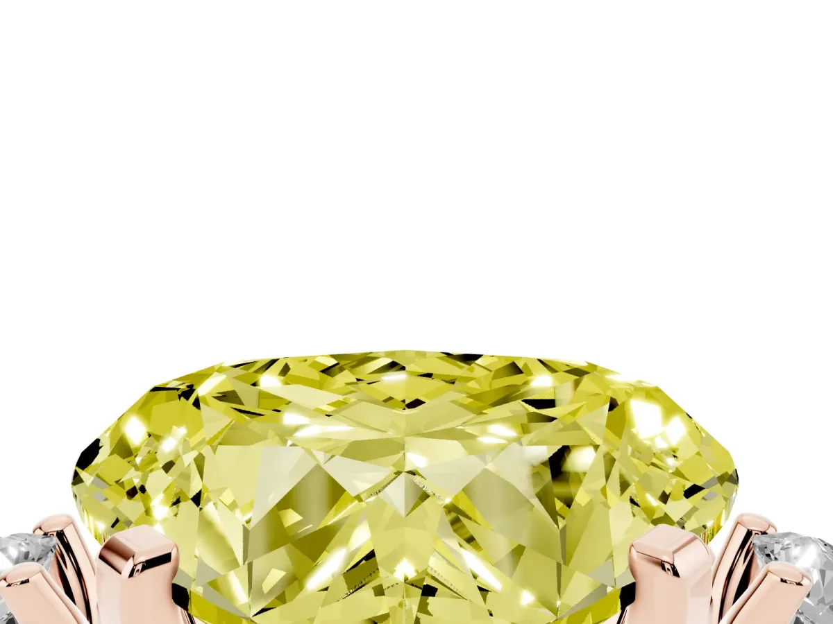 Fancy Yellow Heart Cut Cut Three-Stone Solitaire Ring with Round Accent Diamonds and Four-Prong Setting Rose gold