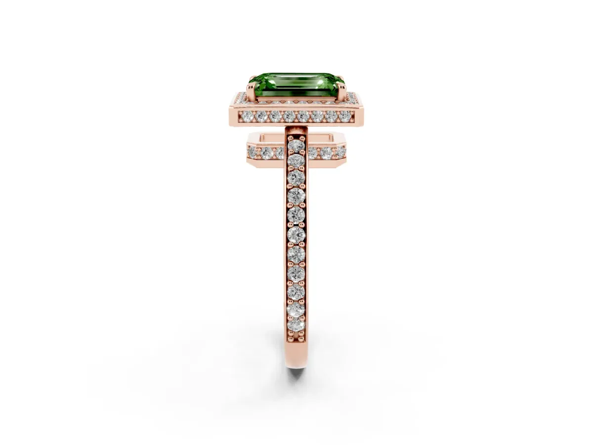 Fancy Green Emerald Cut Halo Pave Band Solitaire Ring with Prong Setting Rose gold