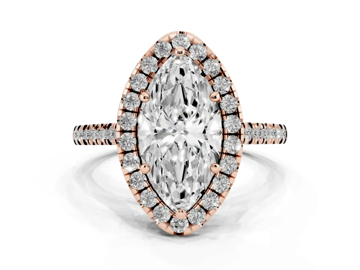 Marquise Cut Diamond Cushion Halo Ring with Pavé Band Rose gold