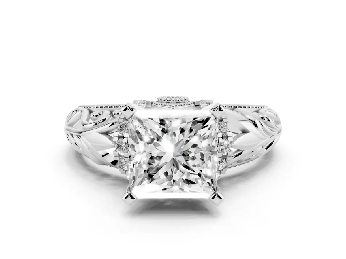 Princess Cut Solitaire Filigree Engagement Ring with Halo and Prong Setting Silver